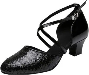 Heeled Sandals for Women Women's Louis Heel Sequined Leather Dance Shoes Closed Toe Ladies Ballroom Latin Ballroom Pumps Sandals (Color : Black, Size : 4 UK)