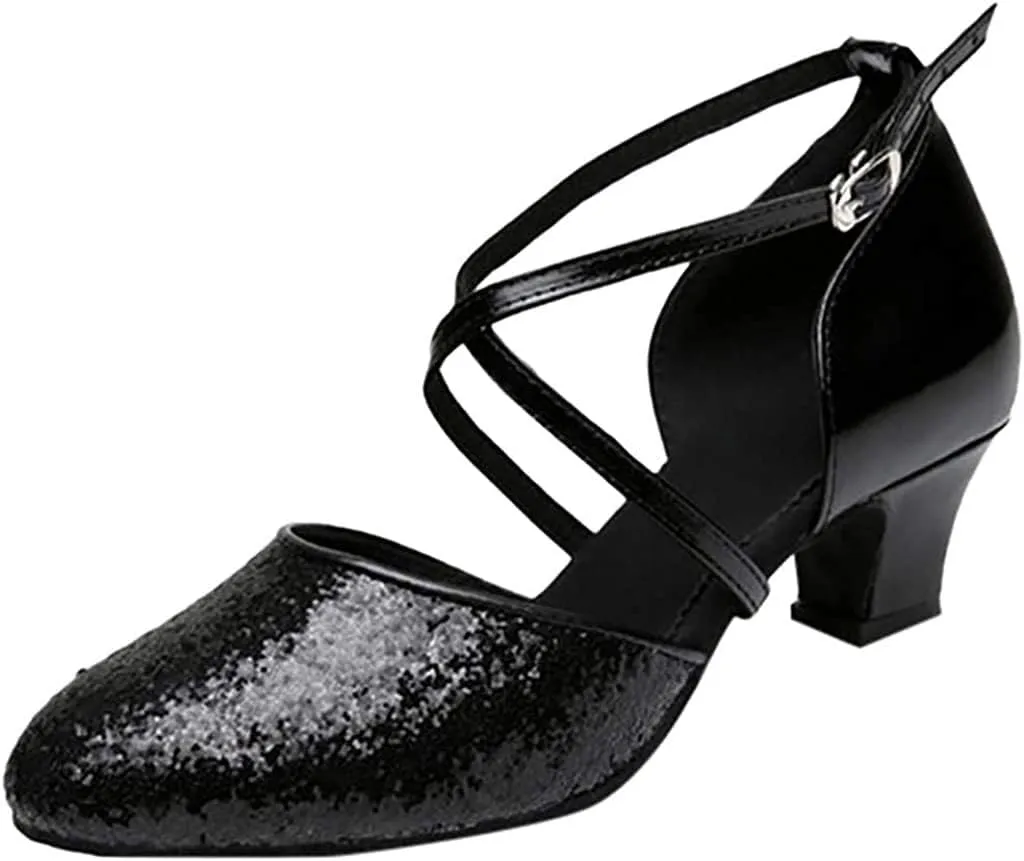 Heeled Sandals for Women Women's Louis Heel Sequined Leather Dance Shoes Closed Toe Ladies Ballroom Latin Ballroom Pumps Sandals (Color : Black, Size : 4 UK)