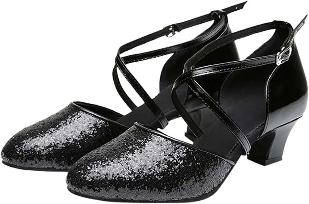 Heeled Sandals for Women Women's Louis Heel Sequined Leather Dance Shoes Closed Toe Ladies Ballroom Latin Ballroom Pumps Sandals (Color : Black, Size : 4 UK)