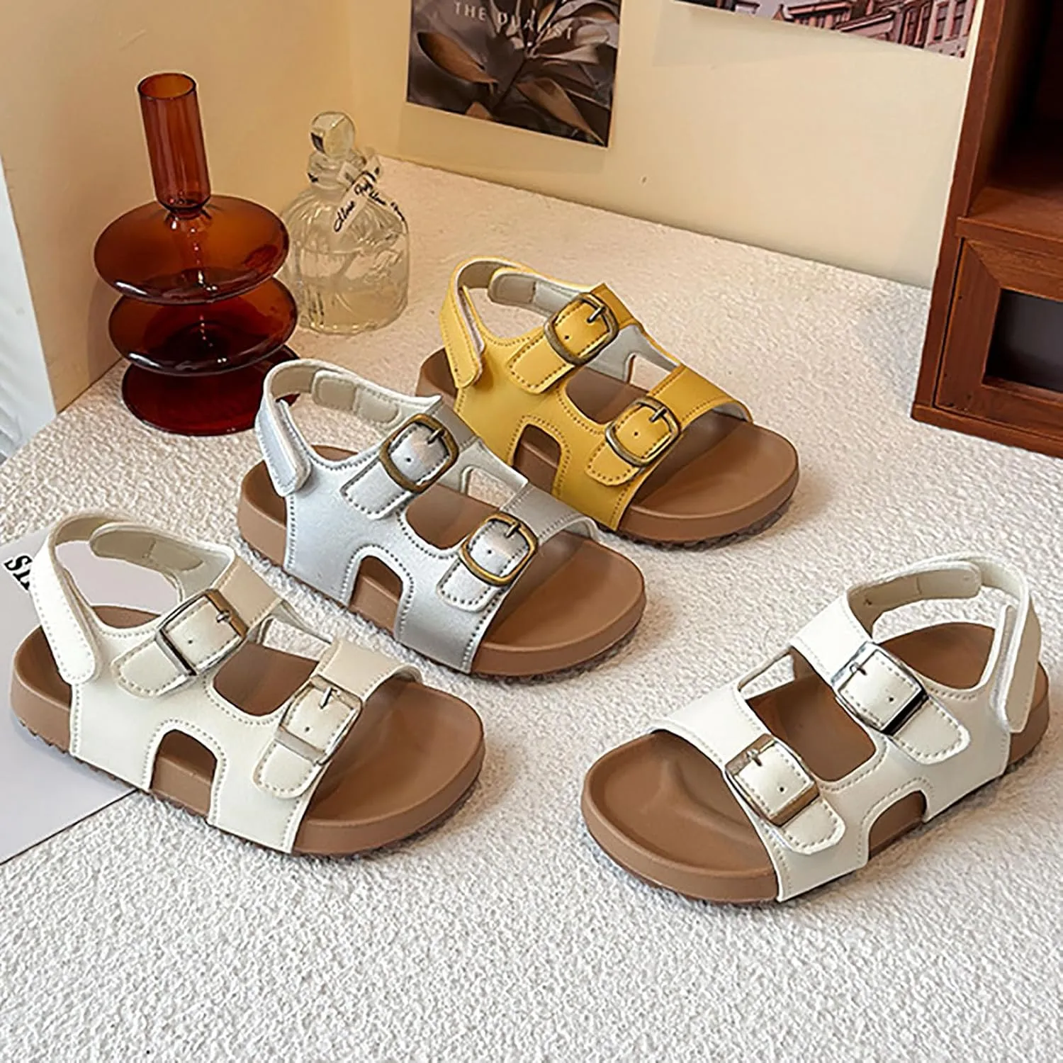 Kids Sandals Boys Girls Summer Non Slip Slides Sandals Soft Adjustable Straps Cork Sandal Open Toe Casual Toddler Beach Flats
