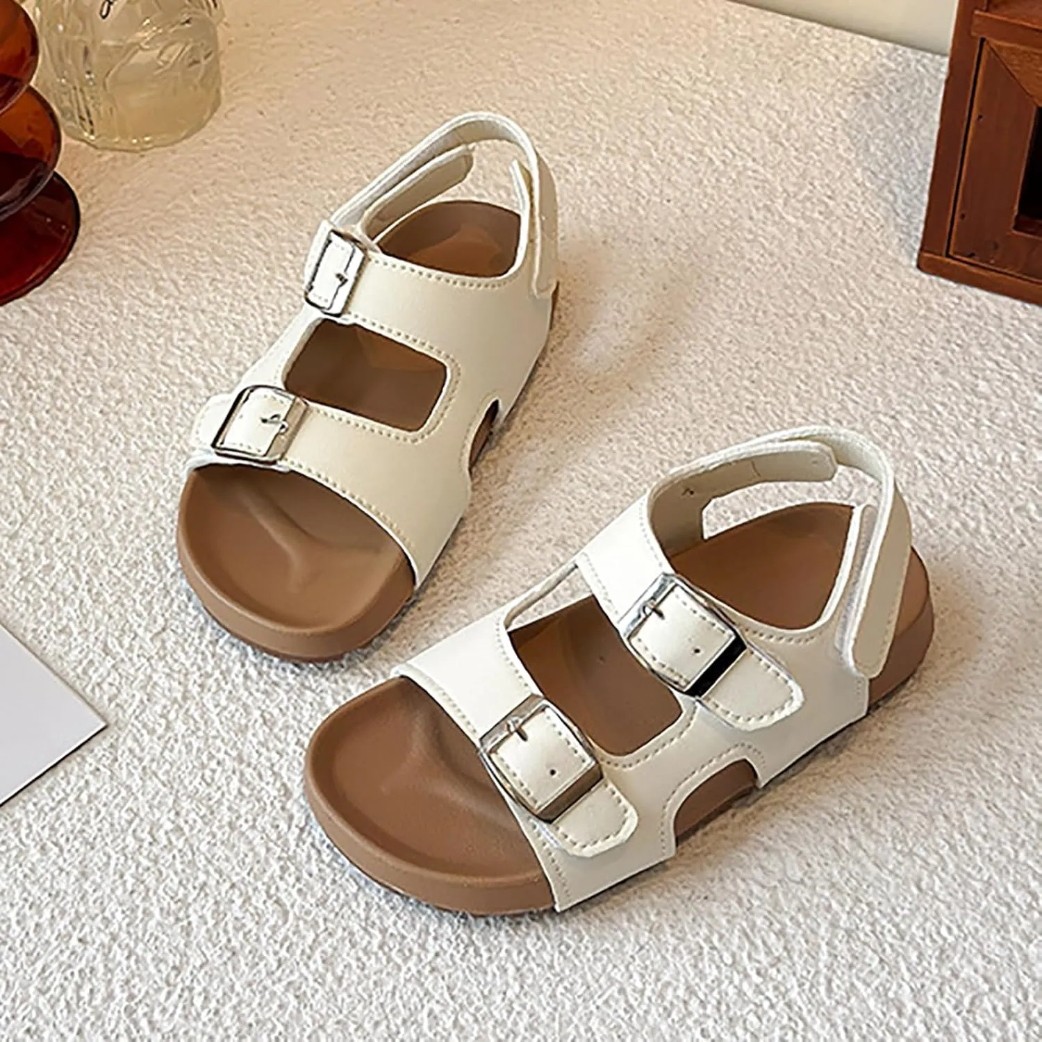 Kids Sandals Boys Girls Summer Non Slip Slides Sandals Soft Adjustable Straps Cork Sandal Open Toe Casual Toddler Beach Flats