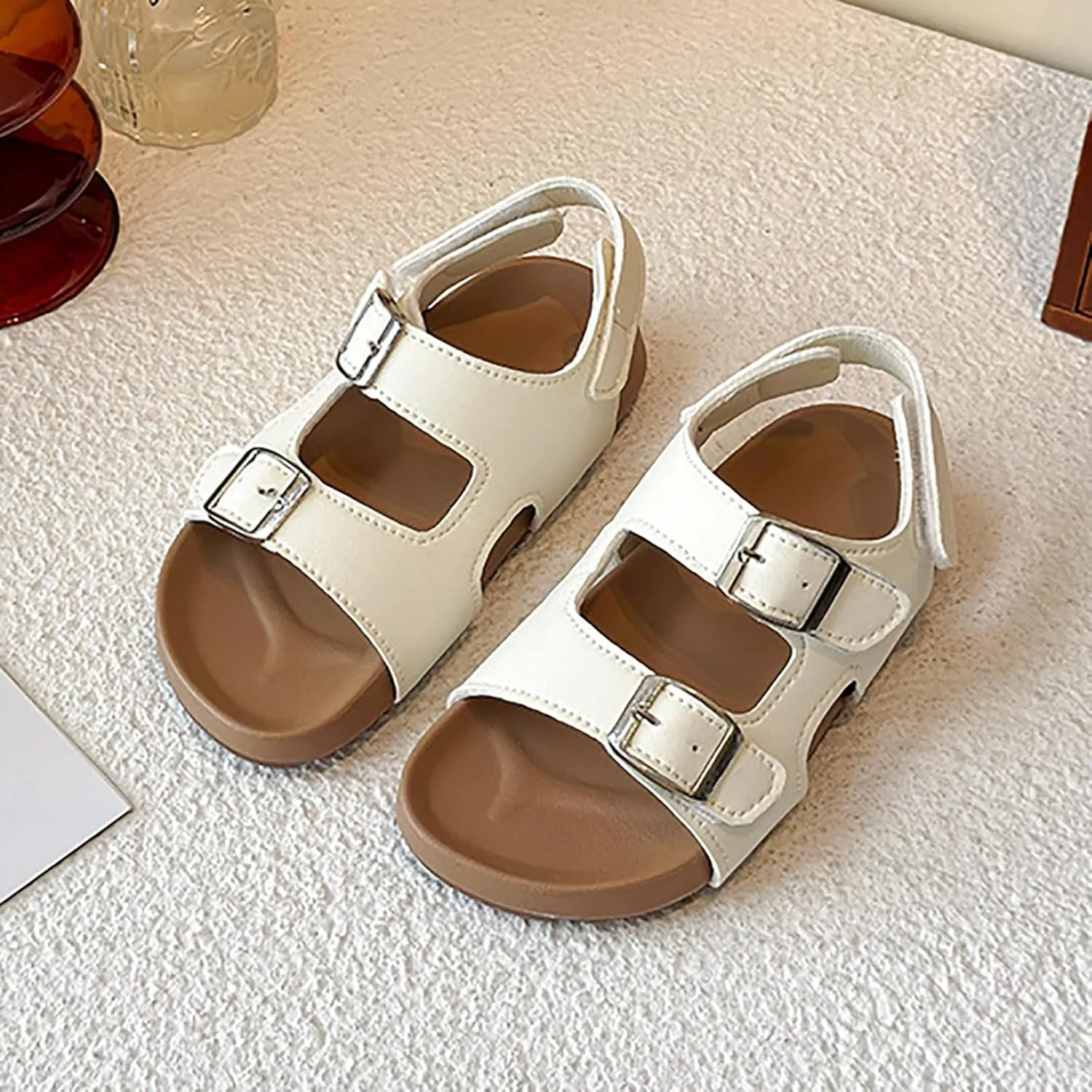 Kids Sandals Boys Girls Summer Non Slip Slides Sandals Soft Adjustable Straps Cork Sandal Open Toe Casual Toddler Beach Flats